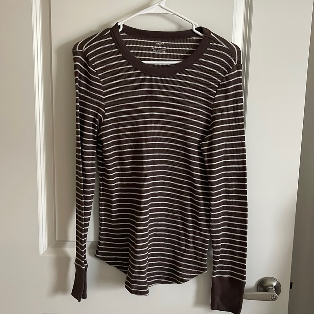 Aerie Brown and White Stripe thermal long sleeve tee
